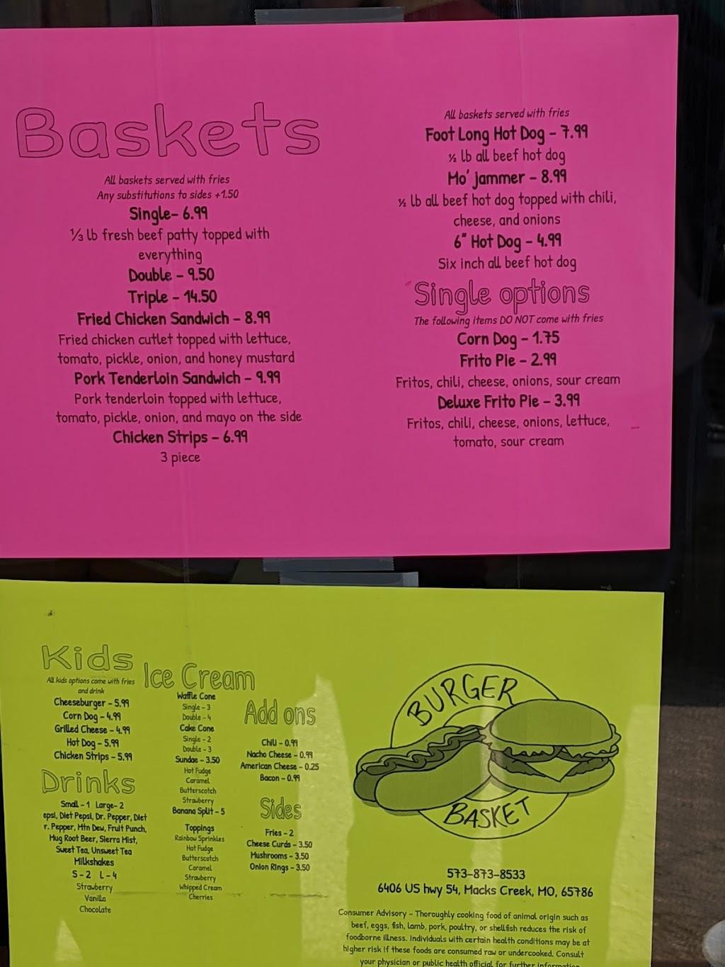 The Burger Basket | restaurant | 6406 US-54, Macks Creek, MO 65786, USA | 5738738533 OR +1 573-873-8533