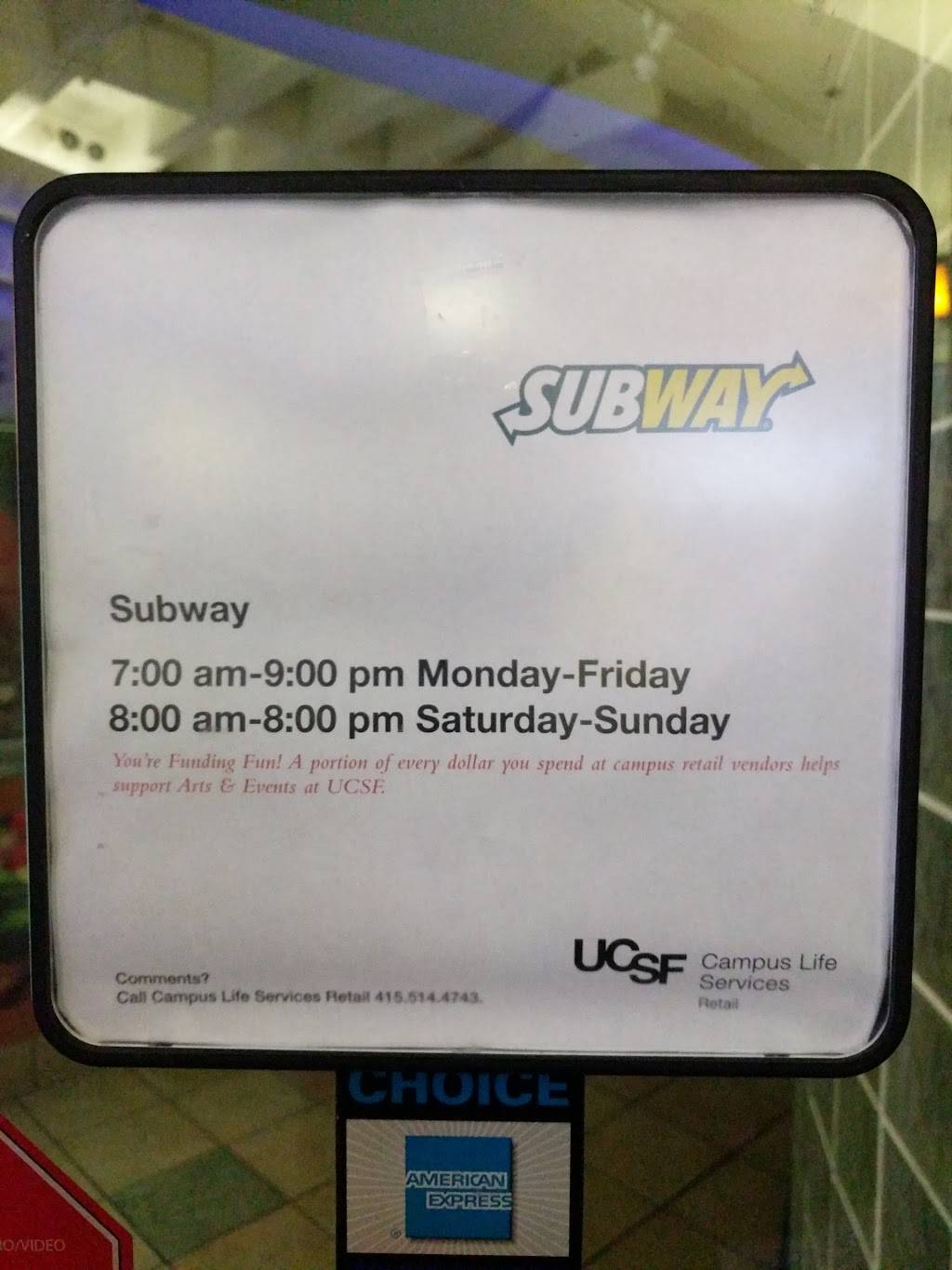 Subway Restaurants | restaurant | UCSF Parnassus, 500 Parnassus Ave B1, San Francisco, CA 94143, USA | 4156610199 OR +1 415-661-0199