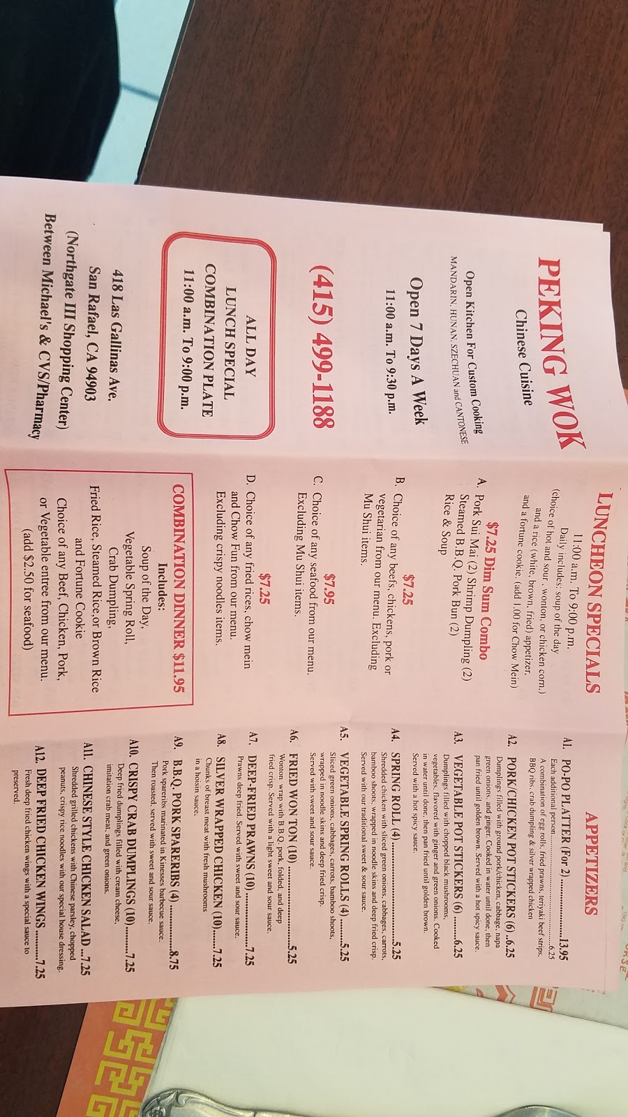 Peking Wok Restaurant | restaurant | 418 Las Gallinas Ave, San Rafael, CA 94903, USA | 4154991188 OR +1 415-499-1188