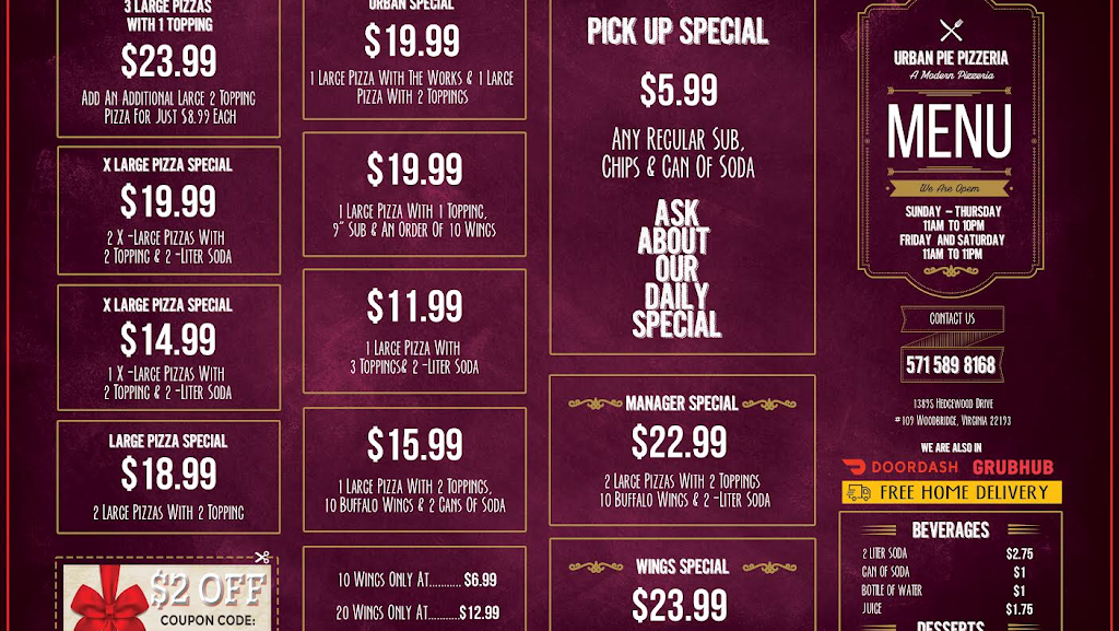 Urban Pie | restaurant | 13895 Hedgewood Dr #109, Woodbridge, VA 22193, USA | 5715898168 OR +1 571-589-8168