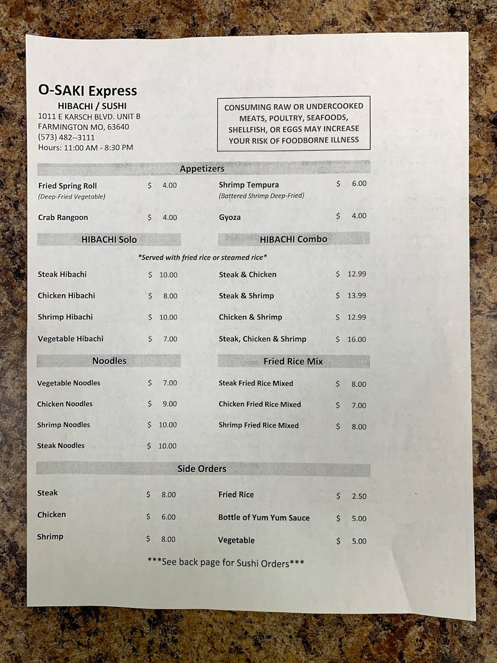 O-SAKI Express | restaurant | 1011 E Karsch Blvd, Farmington, MO 63640, USA | 5734823111 OR +1 573-482-3111