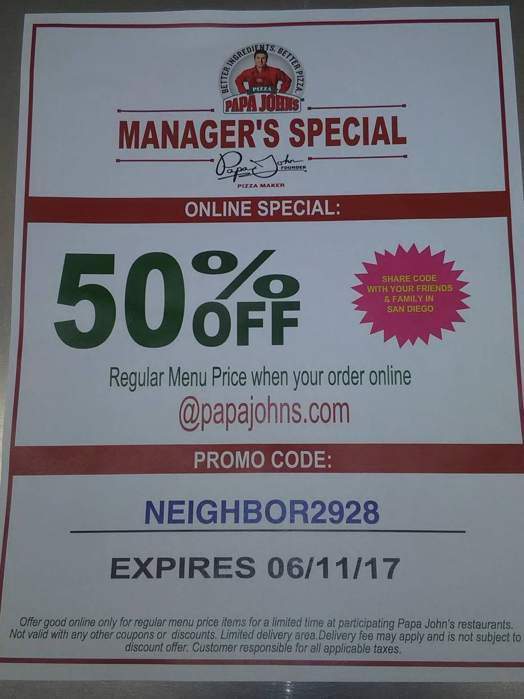 Papa Johns Pizza | restaurant | 3737 Murphy Canyon Rd Ste E, San Diego, CA 92123, USA | 8585031400 OR +1 858-503-1400