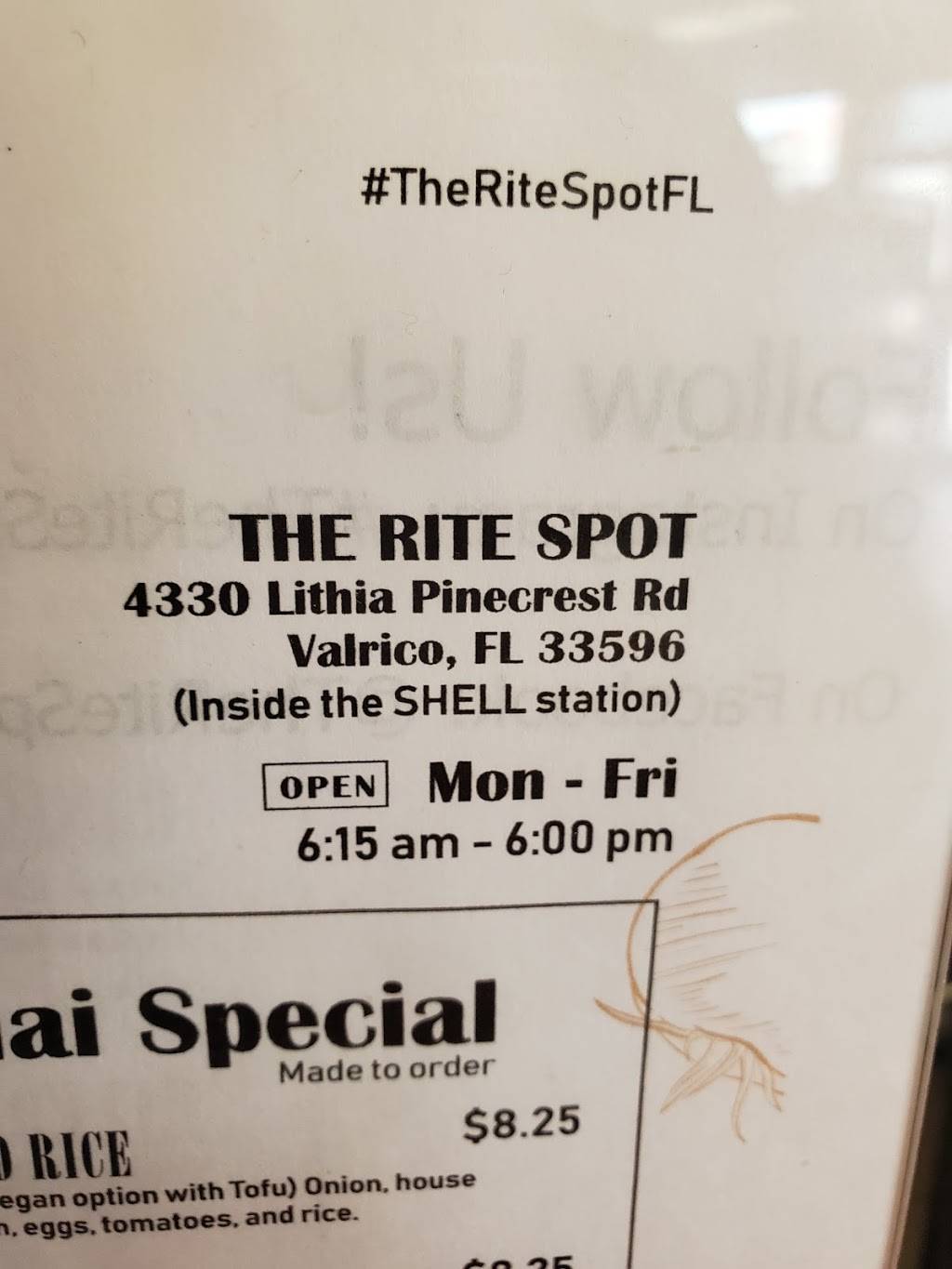 The Rite Spot | restaurant | 4330 Lithia Pinecrest Rd, Valrico, FL 33596, USA | 8137169330 OR +1 813-716-9330