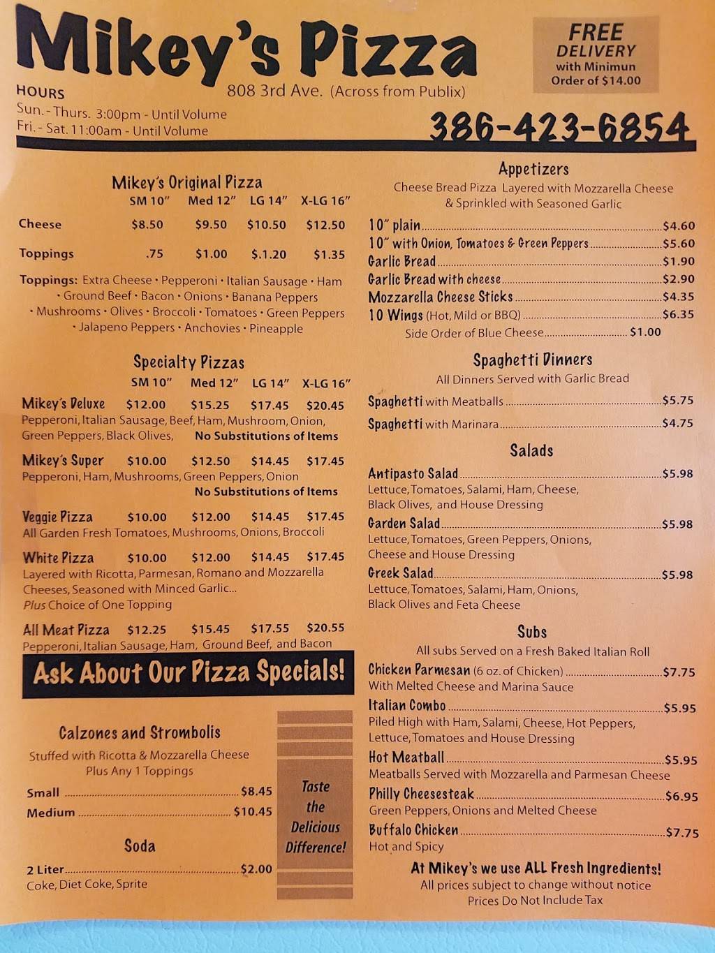Mikeys Pizza | restaurant | 806 E 3rd Ave, New Smyrna Beach, FL 32169, USA | 3864236854 OR +1 386-423-6854