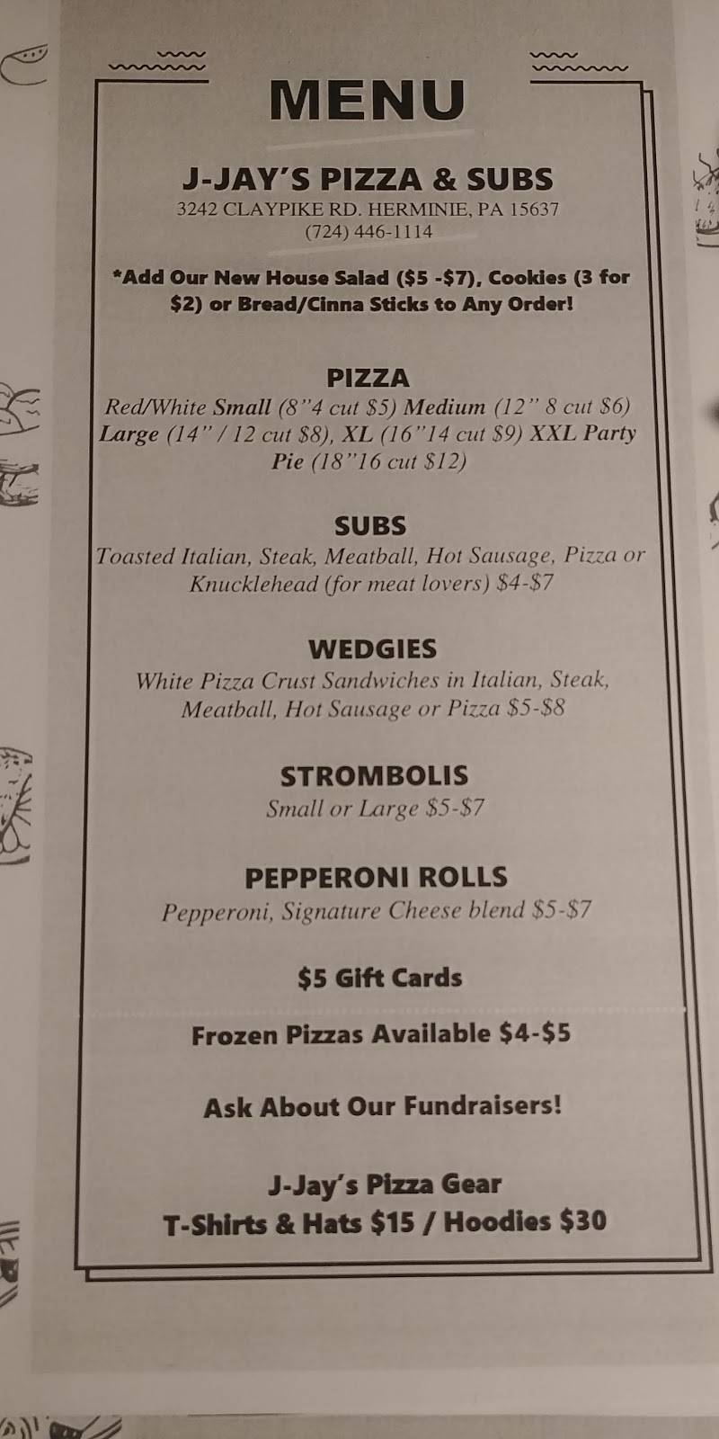 J-Jays Pizza & Subs | restaurant | 3242 Clay Pike St, Herminie, PA 15637, USA | 7244461114 OR +1 724-446-1114