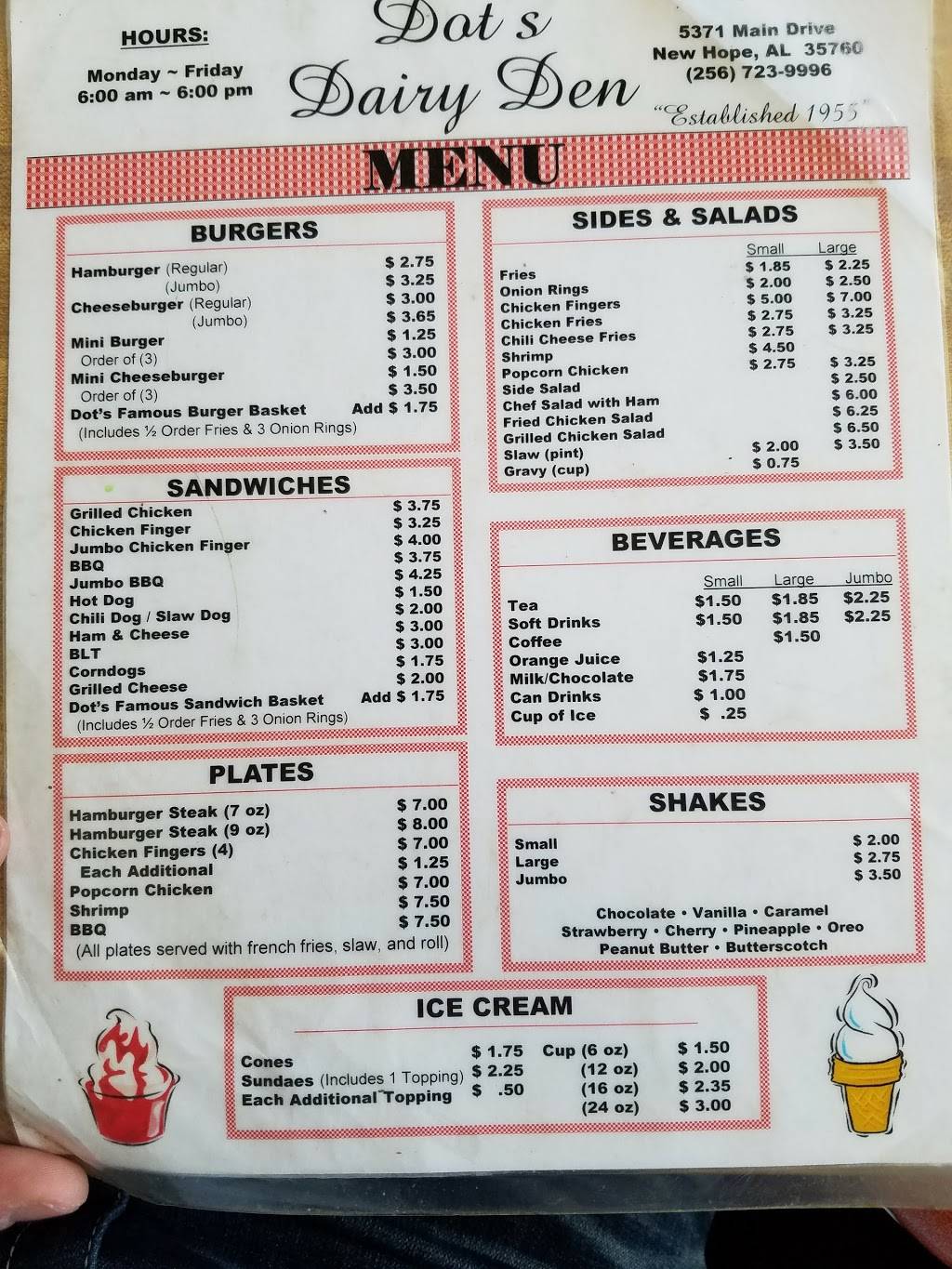 Dots Dairy Den | restaurant | 5371 Main Dr, New Hope, AL 35760, USA | 2567239996 OR +1 256-723-9996