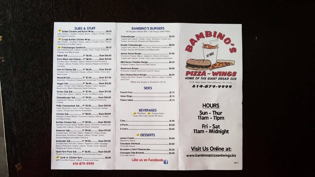 Bambinos Pizza and Wings | meal delivery | 23 W Main St, West Jefferson, OH 43162, USA | 6148799999 OR +1 614-879-9999
