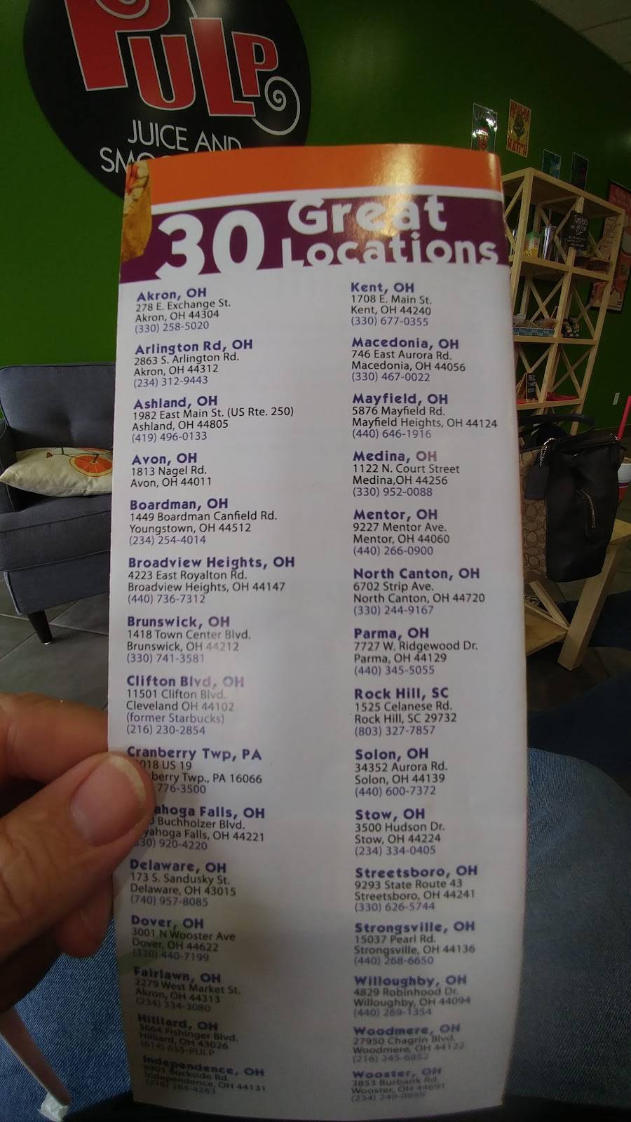 Pulp Juice and Smoothie Bar | restaurant | 3500 Hudson Dr, Stow, OH 44224, USA | 2343340405 OR +1 234-334-0405