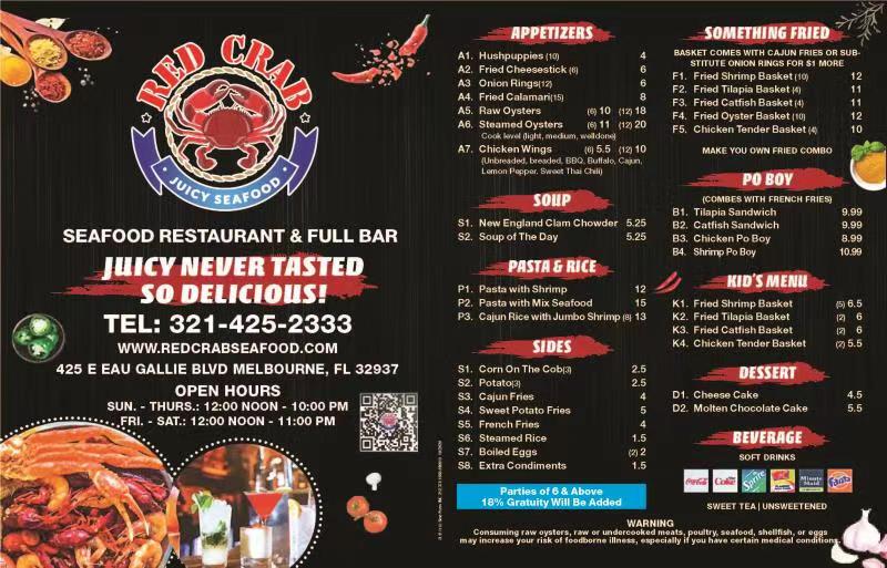 Red Crab - Juicy Seafood | restaurant | 425 E Eau Gallie Blvd, Melbourne, FL 32937, USA | 3214252333 OR +1 321-425-2333