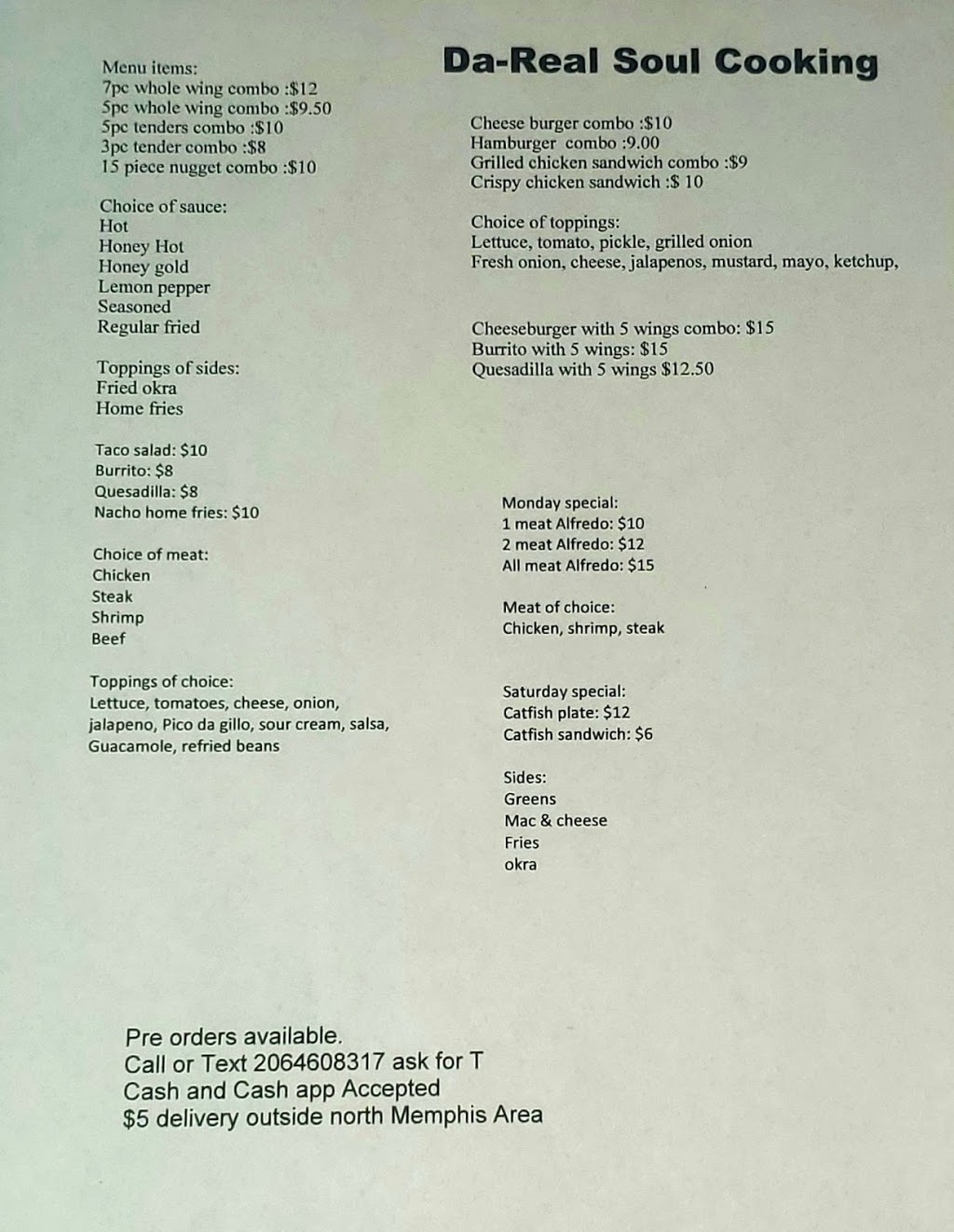 DA Real soulfood | restaurant | 3738 Wolf Trail Dr, Memphis, TN 38128, USA | 2064608317 OR +1 206-460-8317