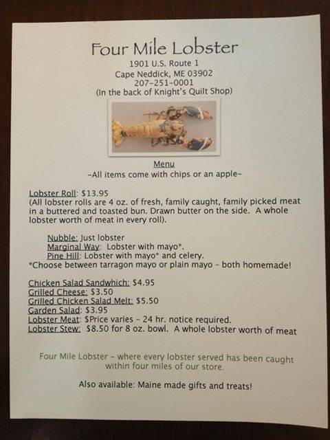 Four Mile Lobster | restaurant | 1901 US-1, Cape Neddick, ME 03902, USA | 2072510001 OR +1 207-251-0001