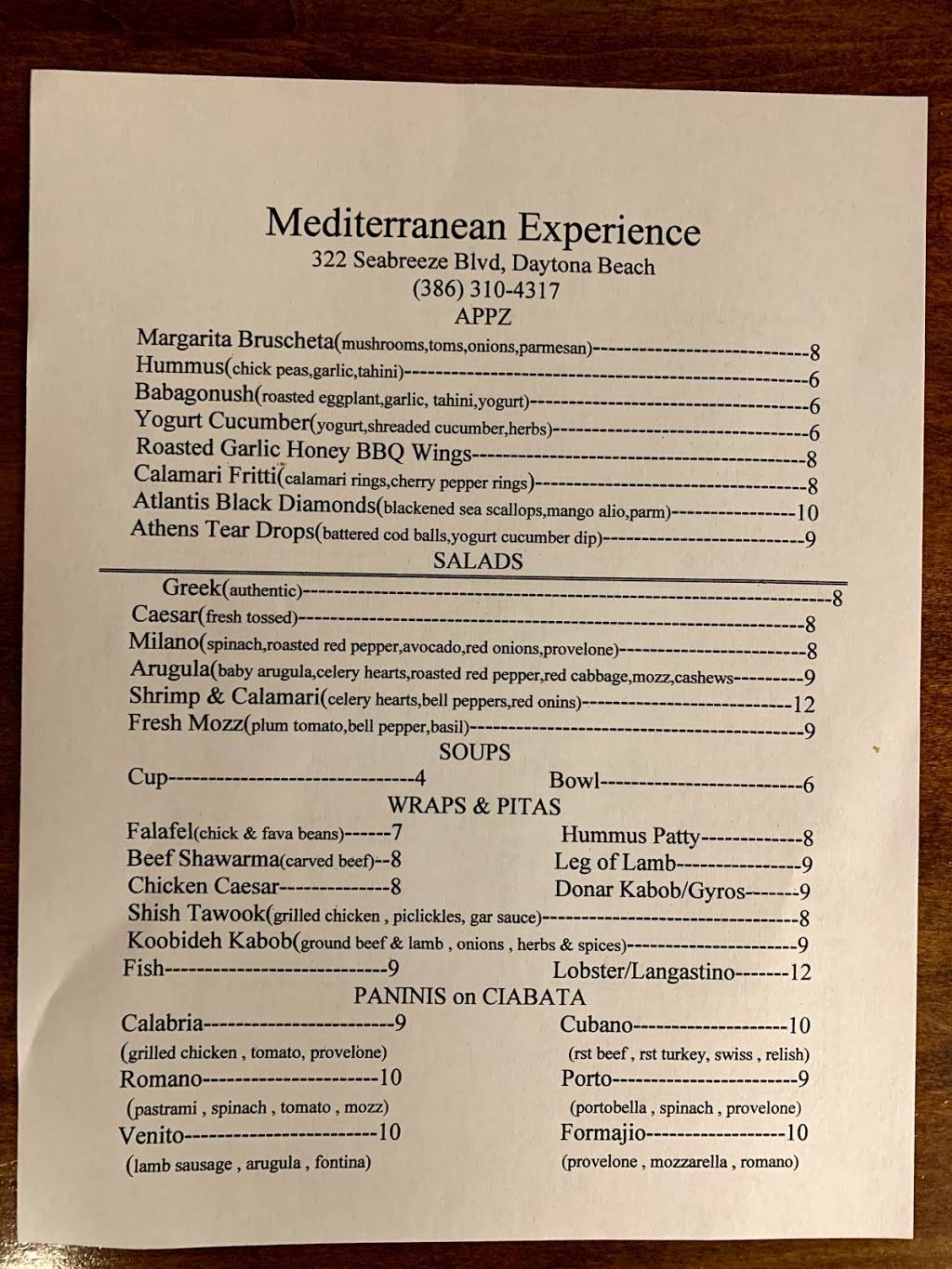 Mediterranean Experience | restaurant | 322 Seabreeze Blvd, Daytona Beach, FL 32118, USA | 3863104317 OR +1 386-310-4317