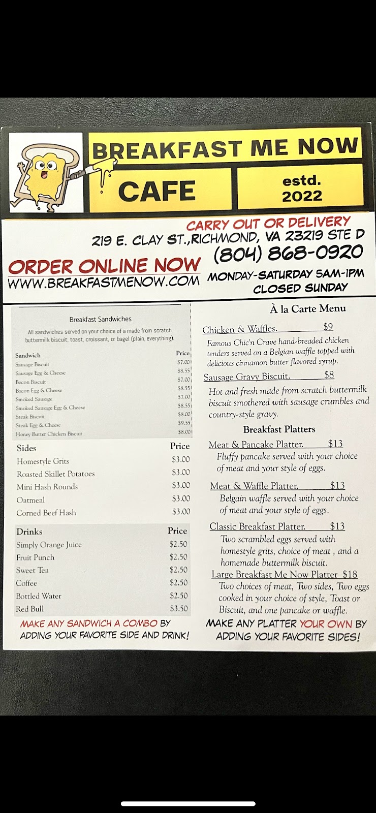 Breakfast Me Now | restaurant | Lower Suite, 219 E Clay St, Richmond, VA 23219, USA | 8048680920 OR +1 804-868-0920
