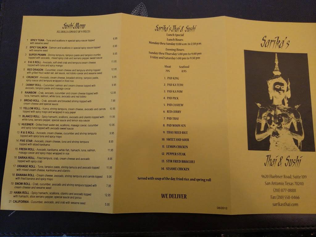 Sarikas Thai & Sushi | restaurant | 9820 Huebner Rd Ste 109, San Antonio, TX 78240, USA | 2108770888 OR +1 210-877-0888
