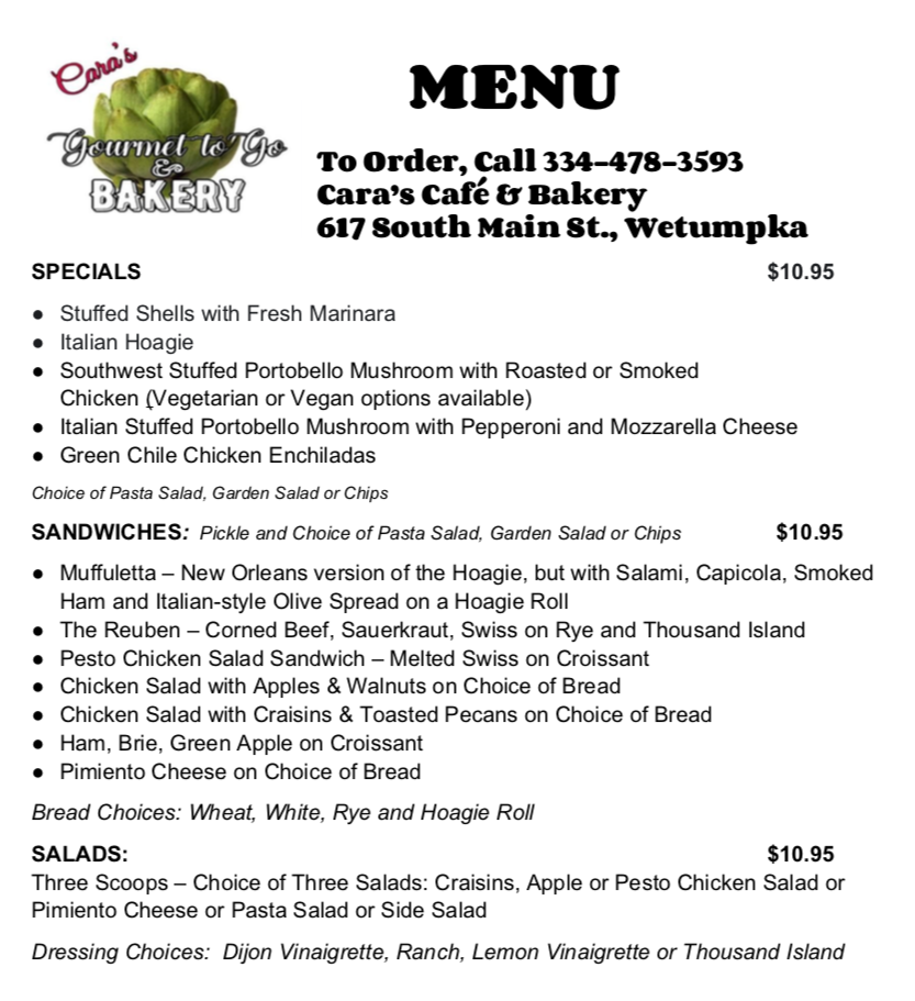Caras Cafe | restaurant | 617 S Main St, Wetumpka, AL 36092, USA | 3344783593 OR +1 334-478-3593
