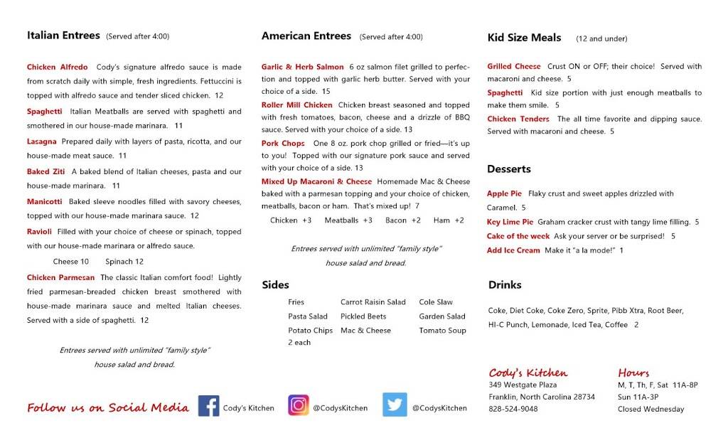 Codys Kitchen | restaurant | 349 Westgate Plaza, Franklin, NC 28734, USA | 8285249048 OR +1 828-524-9048