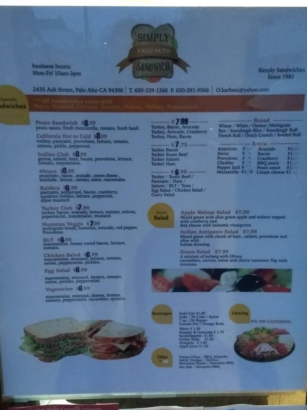 Simply Sandwiches | restaurant | 2435 Ash St, Palo Alto, CA 94306, USA | 6503291266 OR +1 650-329-1266