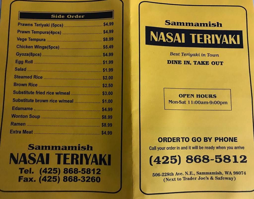 Nasai Teriyaki | restaurant | 506 228th Ave NE, Sammamish, WA 98074, USA | 4258685812 OR +1 425-868-5812