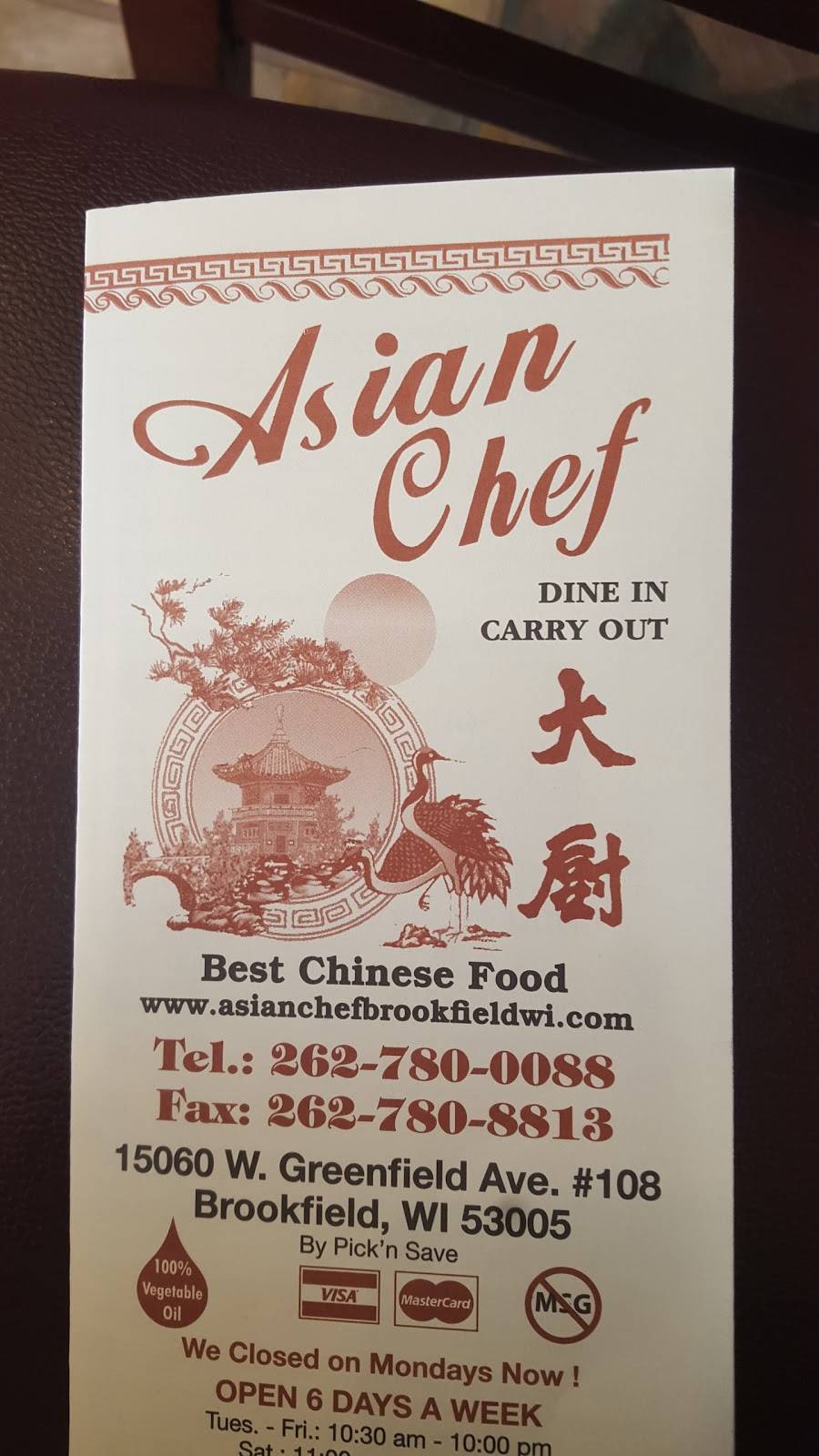 Asian Chef | restaurant | 15060 W Greenfield Ave, Brookfield, WI 53005, USA | 2627800088 OR +1 262-780-0088