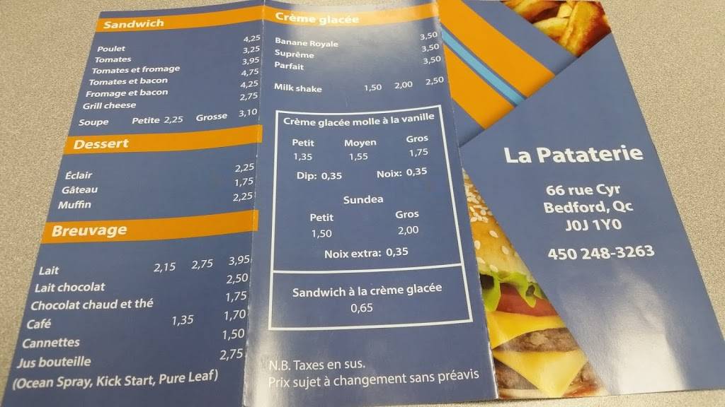 Restaurant La Pataterie | restaurant | 66 Rue Cyr, Bedford, QC J0J 1A0, Canada | 4502483263 OR +1 450-248-3263
