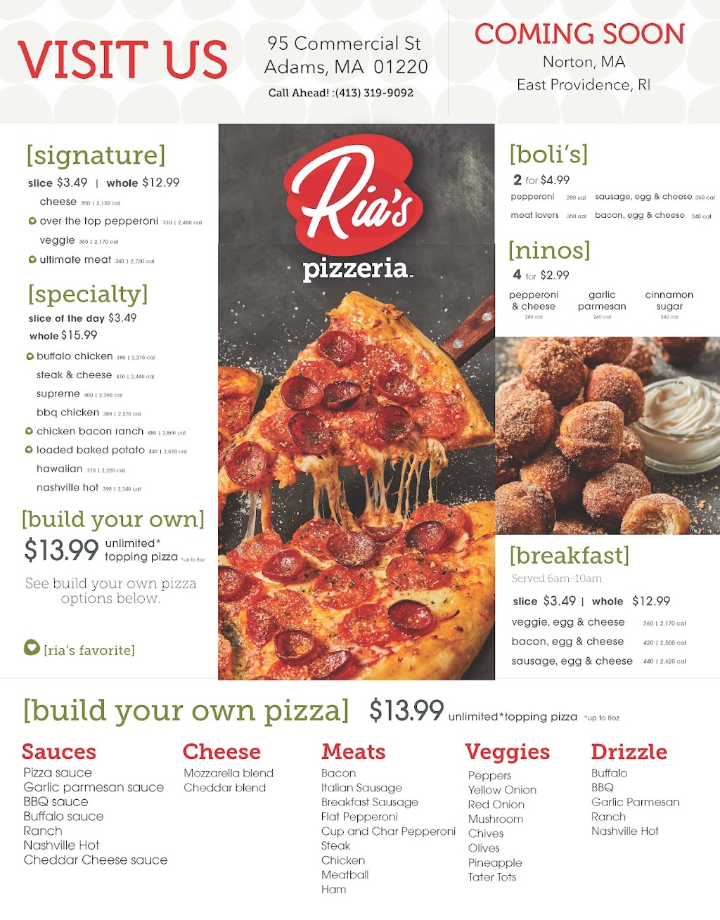 Ria’s Pizzeria | restaurant | 95 Commercial St, Adams, MA 01220, USA | 4134619401 OR +1 413-461-9401