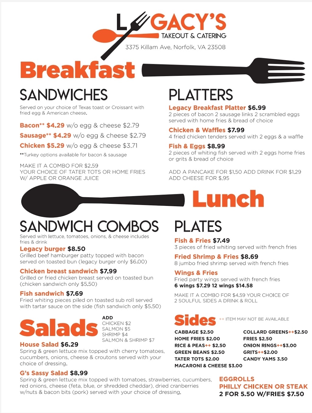 Legacys Take-out and Catering | meal takeaway | 3375 Killam Ave, Norfolk, VA 23508, USA | 7574705950 OR +1 757-470-5950