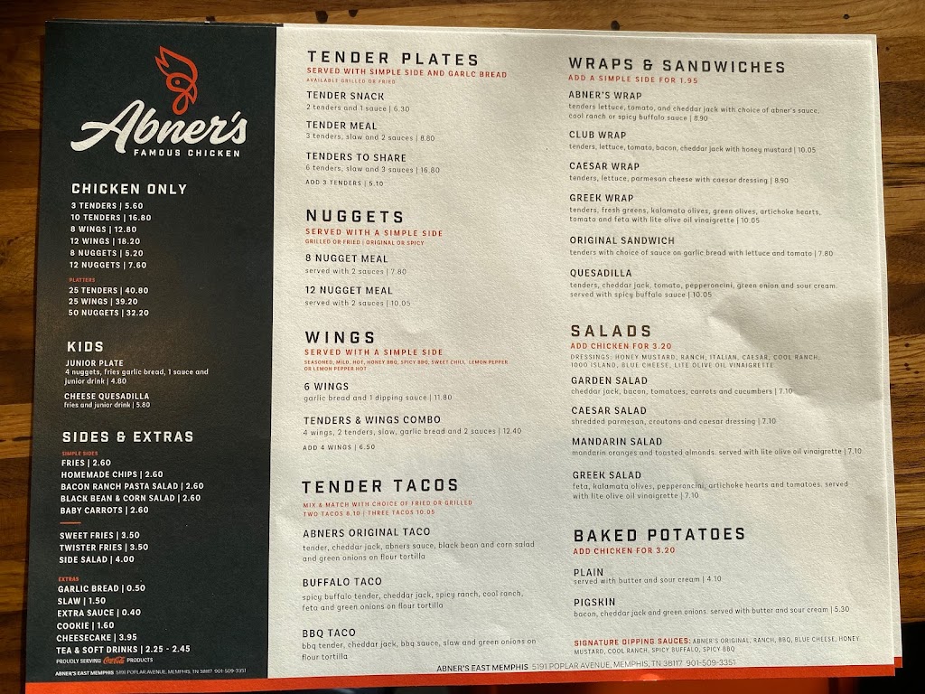 Abners Famous Chicken | restaurant | 5191 Poplar Ave, Memphis, TN 38117, USA | 9015093351 OR +1 901-509-3351