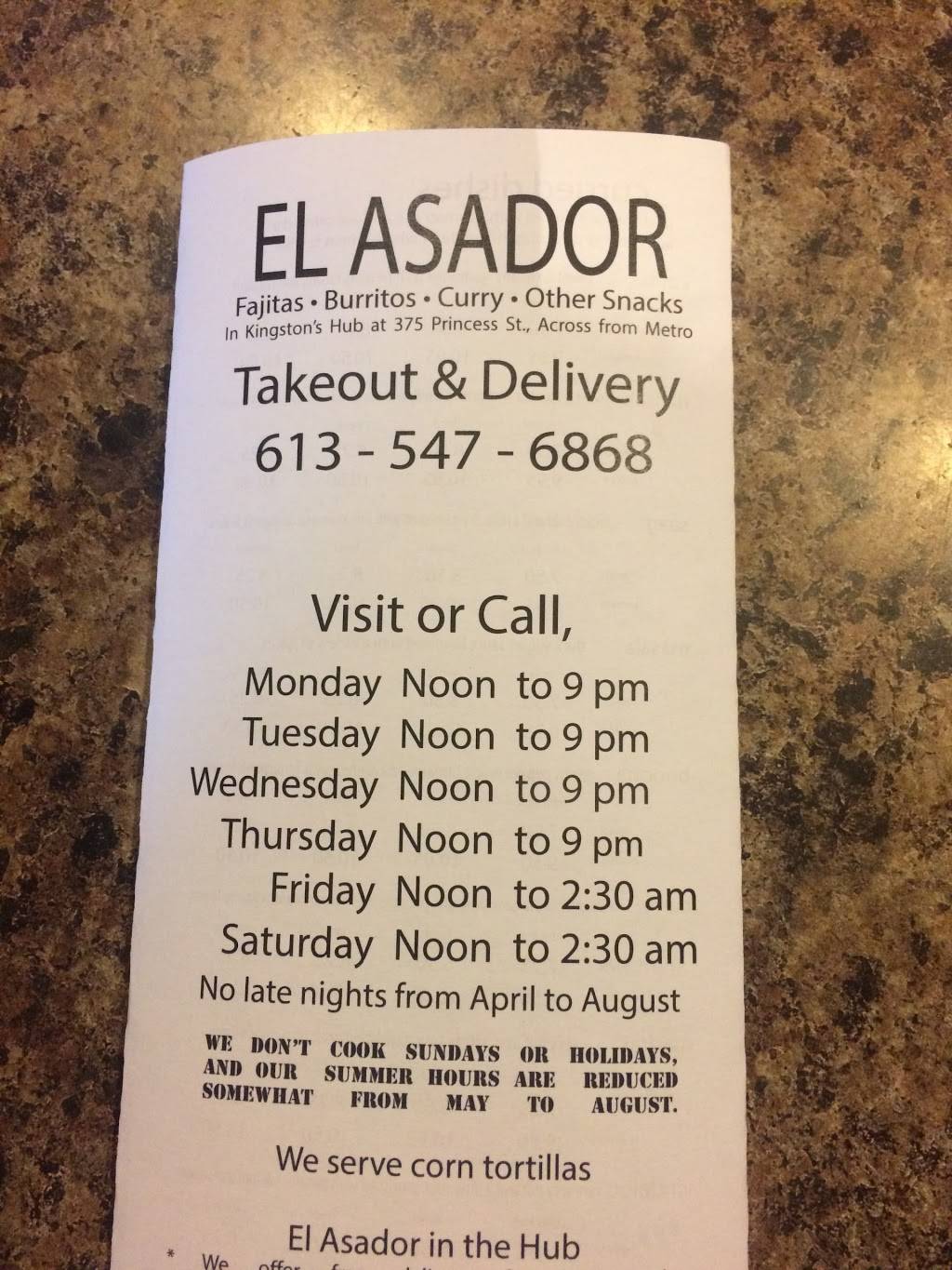 El Asador | restaurant | 375 Princess St, Kingston, ON K7L 1B9, Canada | 6135476868 OR +1 613-547-6868