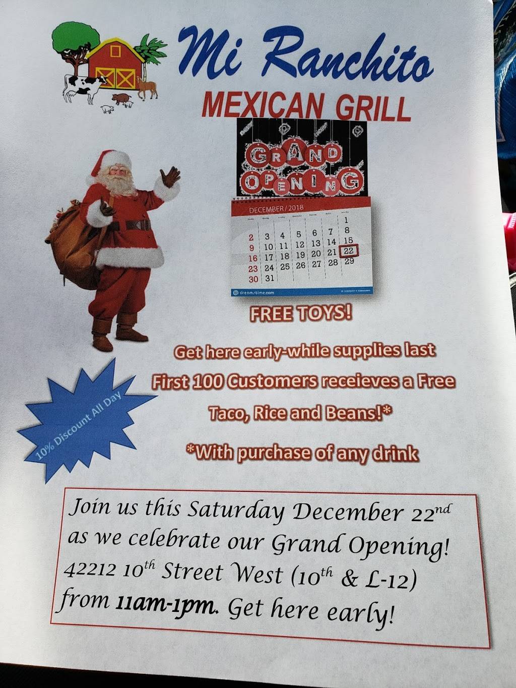 Mi Ranchito Mexican Grill | restaurant | 42212 10th St W #A2, Lancaster, CA 93534, USA | 6615799939 OR +1 661-579-9939