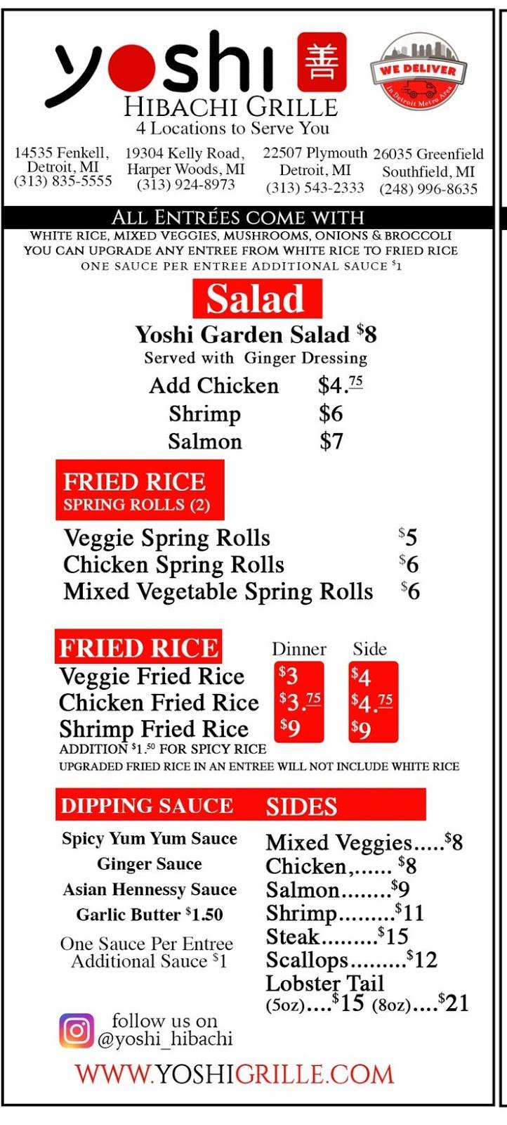 Yoshi Hibachi Grille Livernois | meal takeaway | 19360 Livernois, Detroit, MI 48221, USA | 3136462129 OR +1 313-646-2129