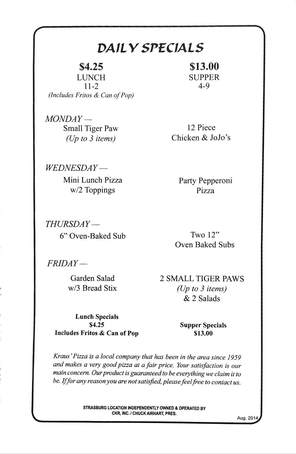 Kraus Pizza Strasburg | restaurant | 307 S Wooster Ave, Strasburg, OH 44680, USA | 3308786600 OR +1 330-878-6600