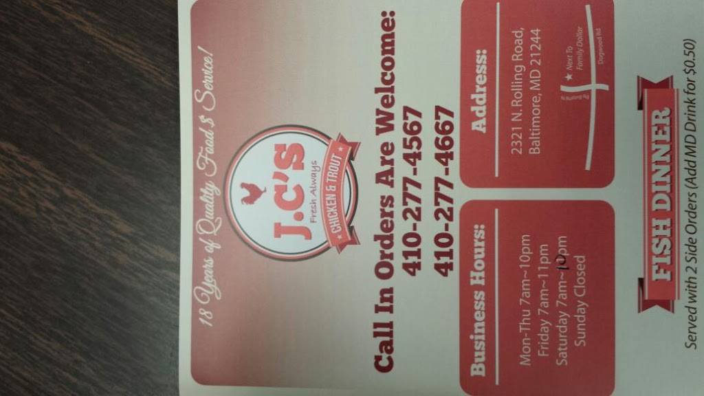 J Cs Chickn Trout | restaurant | 2321 N Rolling Rd, Windsor Mill, MD 21244, USA | 4102774667 OR +1 410-277-4667