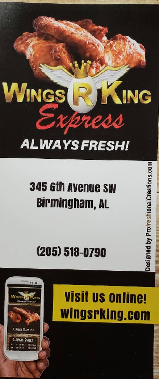 Wings R King Express | restaurant | 345 6th Ave SW, Birmingham, AL 35211, USA | 2055180790 OR +1 205-518-0790