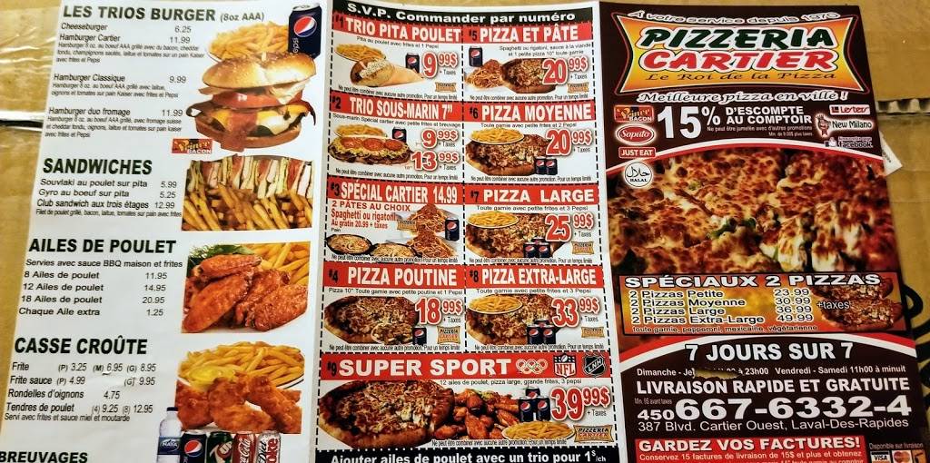 Pizzeria Cartier Inc | restaurant | 387 Boulevard Cartier O, Laval, QC H7N 2K7, Canada | 4506676332 OR +1 450-667-6332