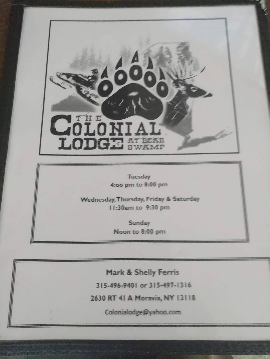 Colonial Lodge | restaurant | 2630 NY-41A, Moravia, NY 13118, USA | 3154969401 OR +1 315-496-9401