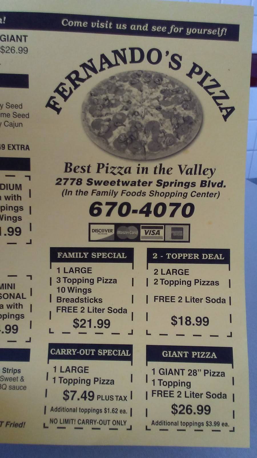 Fernandos Pizza | restaurant | 2778 Sweetwater Springs Blvd, Spring Valley, CA 91977, USA | 6196704070 OR +1 619-670-4070