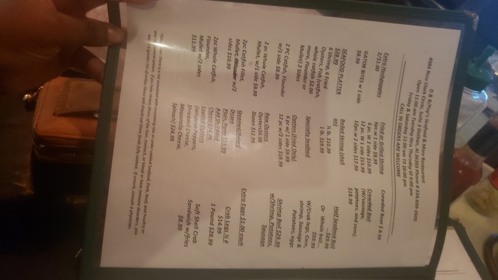 D & B Seafood Restaurant | restaurant | 4084 Ross Clark Cir, Dothan, AL 36303, USA | 3346993505 OR +1 334-699-3505