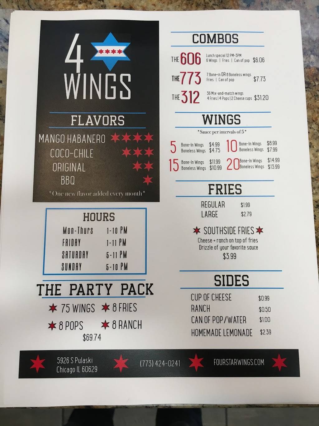 Four Star Wings | restaurant | 5926 S Pulaski Rd, Chicago, IL 60629, USA | 7734240241 OR +1 773-424-0241