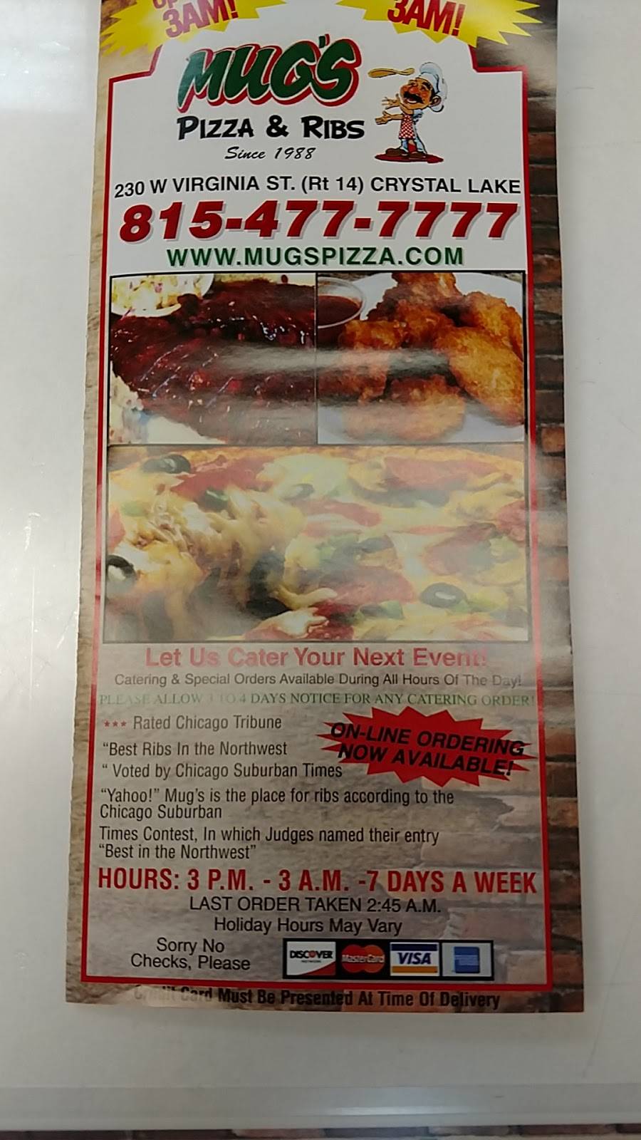 Mugs Pizza & Ribs | meal takeaway | 230 W Virginia St #600, Crystal Lake, IL 60014, USA | 8154777777 OR +1 815-477-7777