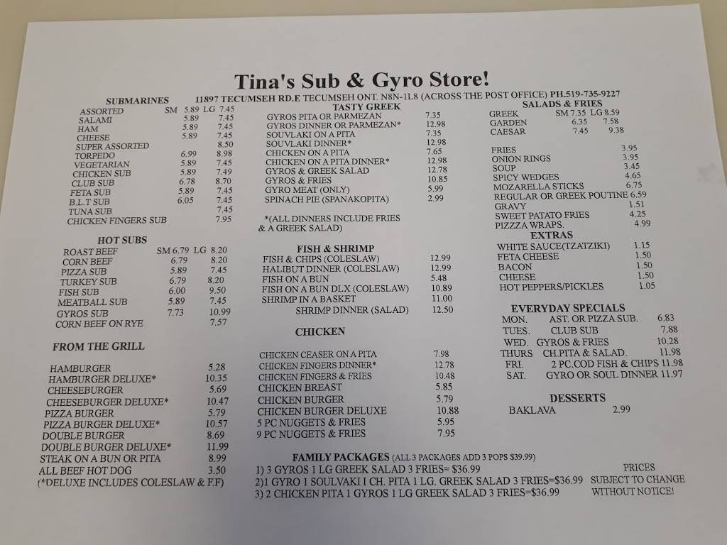 Tinas Sub & Gyros Store | meal takeaway | 11897 Tecumseh Rd E, Windsor, ON N8N 1L8, Canada | 5197359227 OR +1 519-735-9227
