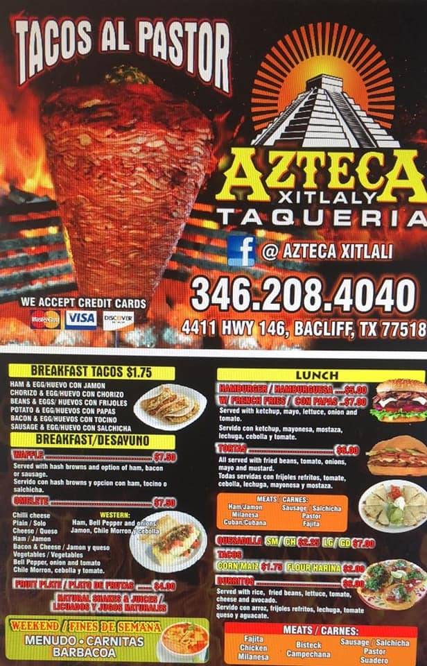 Azteca Xitlali | restaurant | 4411 TX-146, Bacliff, TX 77518, USA | 3462084040 OR +1 346-208-4040