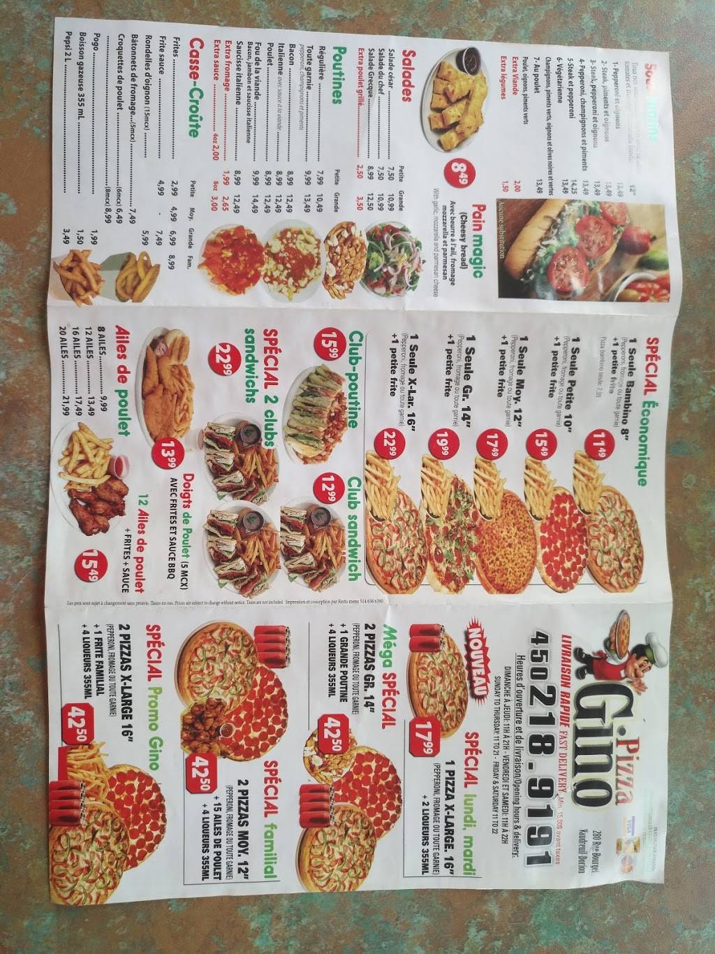 PIZZA GINO | restaurant | 280 Rue Bourget, Vaudreuil-Dorion, QC J7V 9K7, Canada | 4502189191 OR +1 450-218-9191