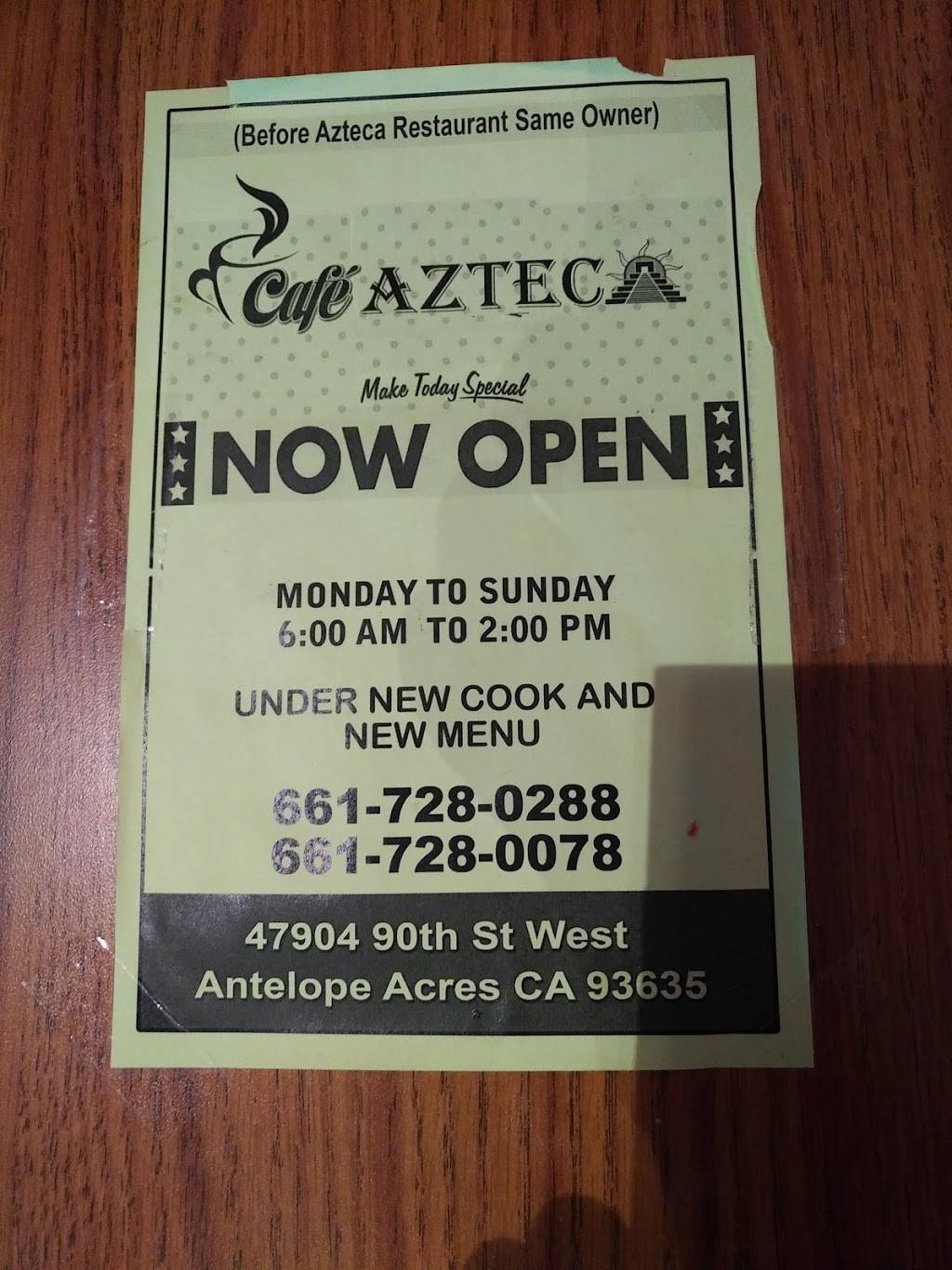 Cafe Azteca | restaurant | 47904 90th St W, Lancaster, CA 93536, USA | 6617280288 OR +1 661-728-0288