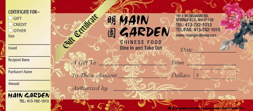 Main Garden | restaurant | 1911 Wilbraham Rd, Springfield, MA 01129, USA | 4137821013 OR +1 413-782-1013