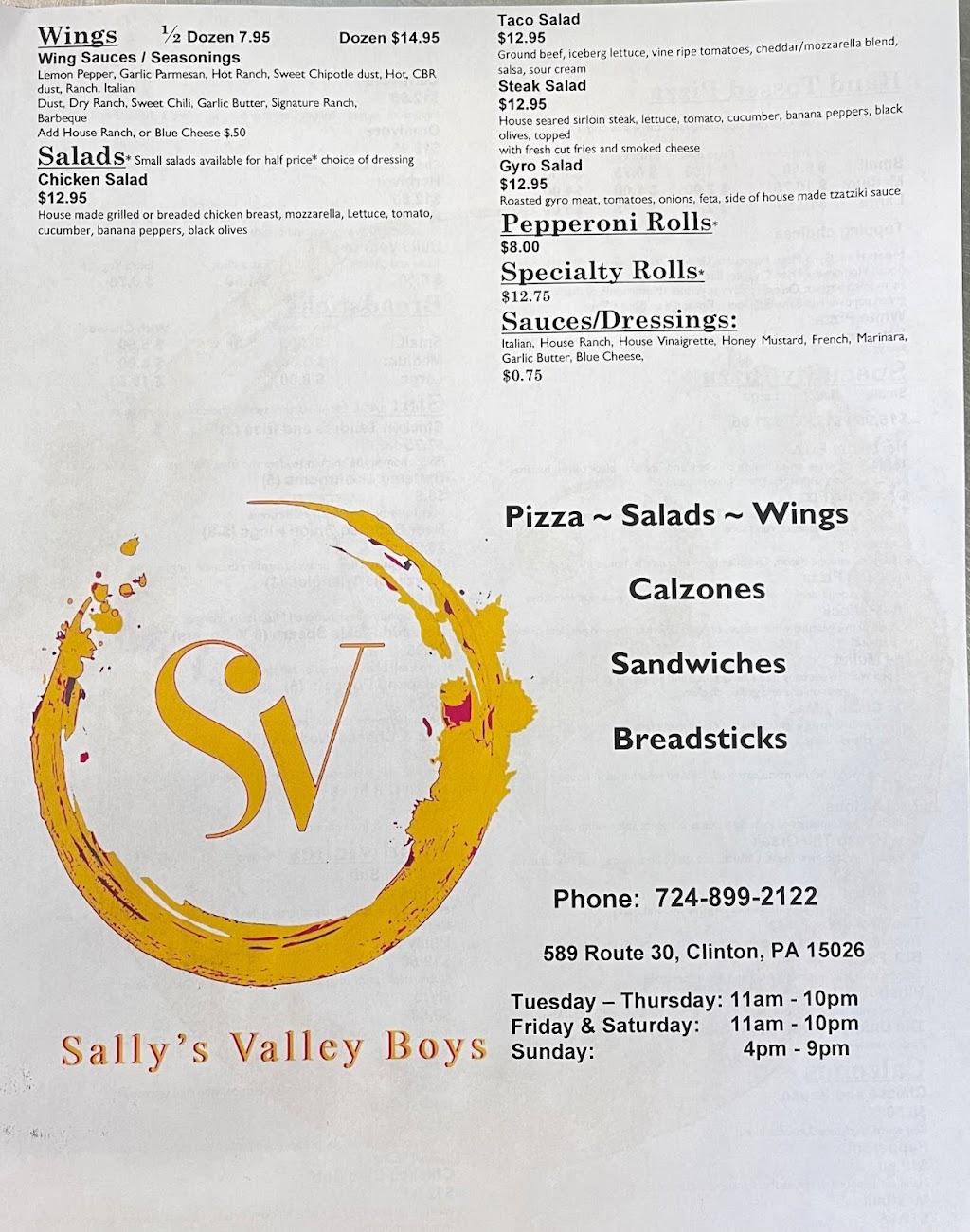 Sally’s Valley Boys | restaurant | 589 US-30, Clinton, PA 15026, USA | 7248992122 OR +1 724-899-2122
