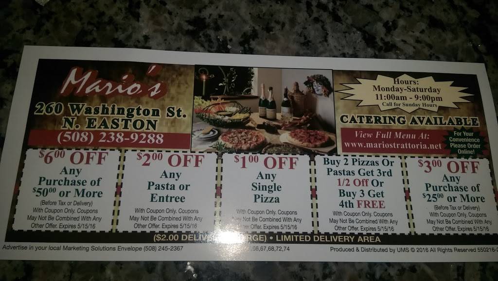 Marios Trattoria | restaurant | 260 Washington St, North Easton, MA 02356, USA | 5082389288 OR +1 508-238-9288