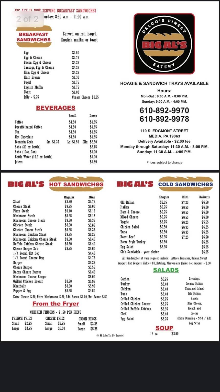 Big Als Eatery | restaurant | 110 S Edgemont St, Media, PA 19063, USA | 6108929970 OR +1 610-892-9970