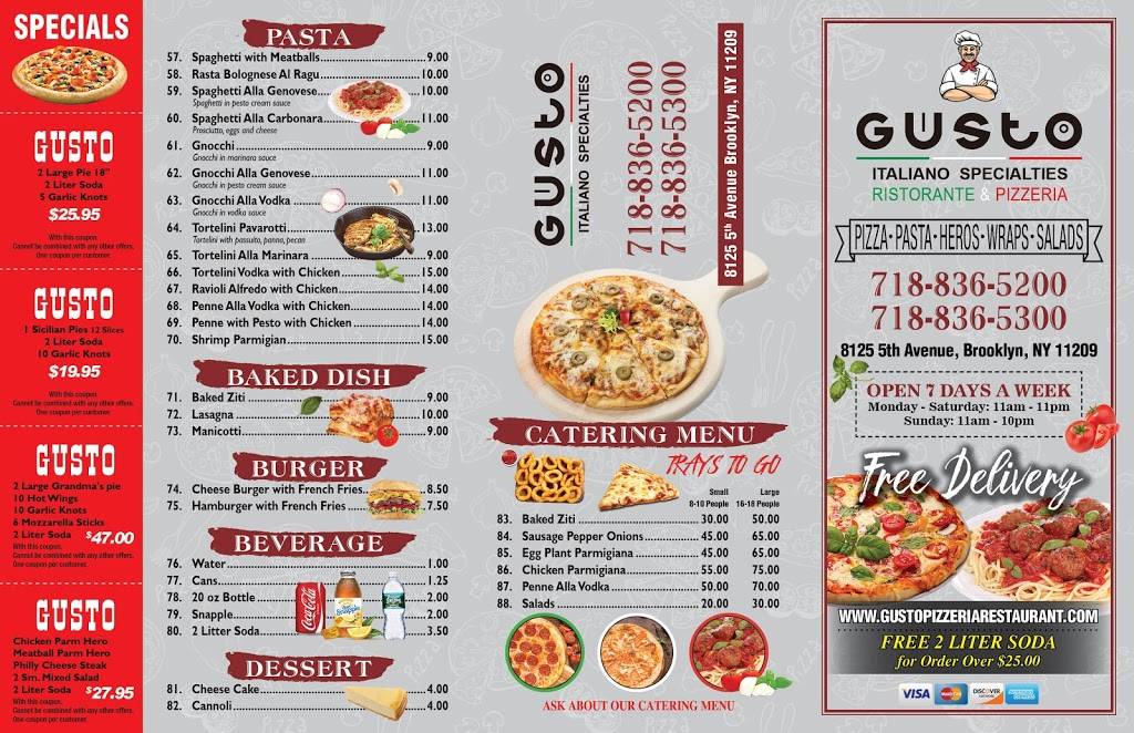 Gusto Pizzeria Restaurant | meal delivery | 8125 5th Ave, Brooklyn, NY 11209, USA | 7188365200 OR +1 718-836-5200