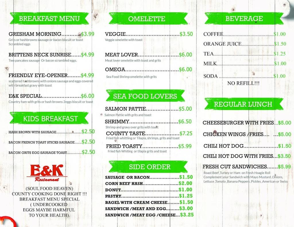 E&K Restaurant | restaurant | 2928 US-378, Gresham, SC 29546, USA | 8435642313 OR +1 843-564-2313