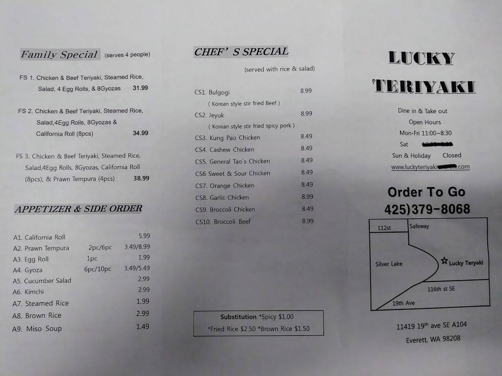 Lucky Teriyaki | restaurant | 11419 19th Ave SE #104, Everett, WA 98208, USA | 4253798068 OR +1 425-379-8068